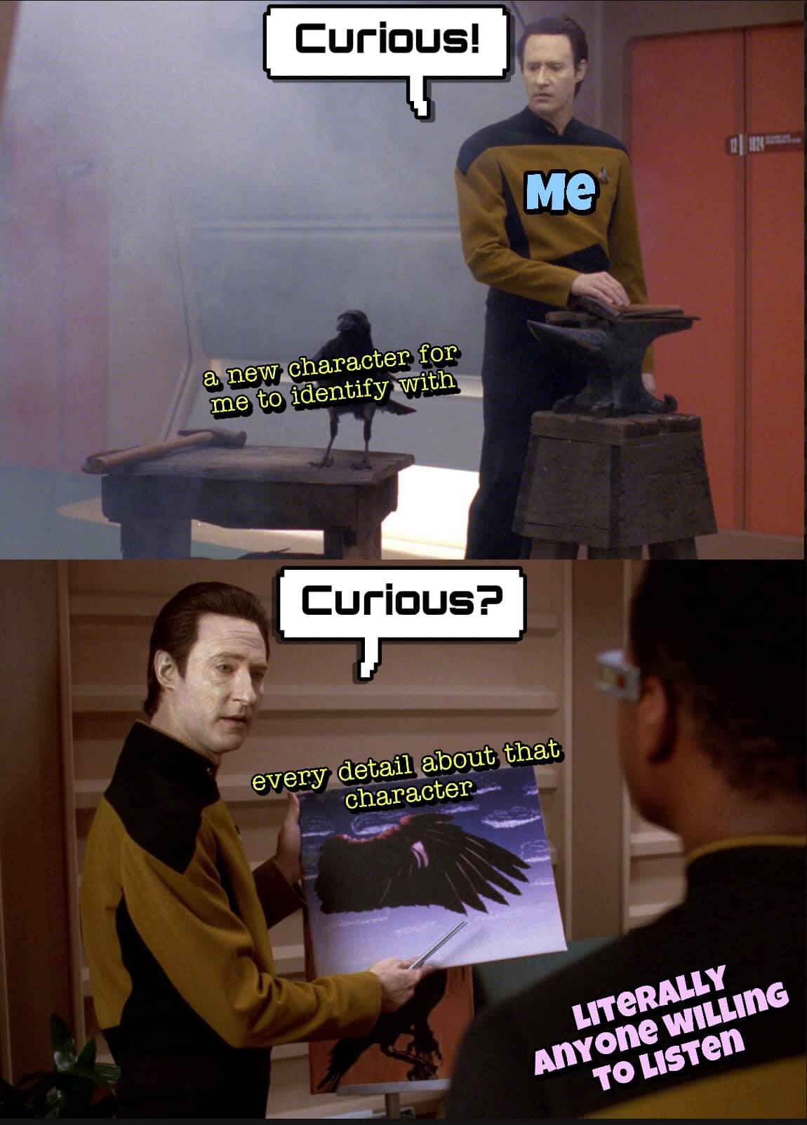 This meme is a humorous image featuring a character from the Star Trek franchise, Jean-Luc Picard, standing in front of a painting of a bird. The text "A new character for me to identify with" appears in a speech bubble above the painting, and the character responds with "In every bird, I see the reflection of myself." The meme is likely poking fun at the idea that people often try to relate to fictional characters, and in this case, the character is being overly dramatic and self-absorbed.